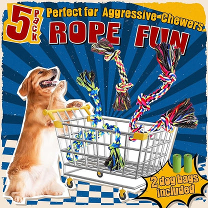 Forfon Tough & Strong Dog Toy for Aggressive Chewers – Tough Chew Toys for Large Dogs, Ideal for Tug-of-War & Teeth Cleaning, with 3 Rope Toys & 2 Dog Bags