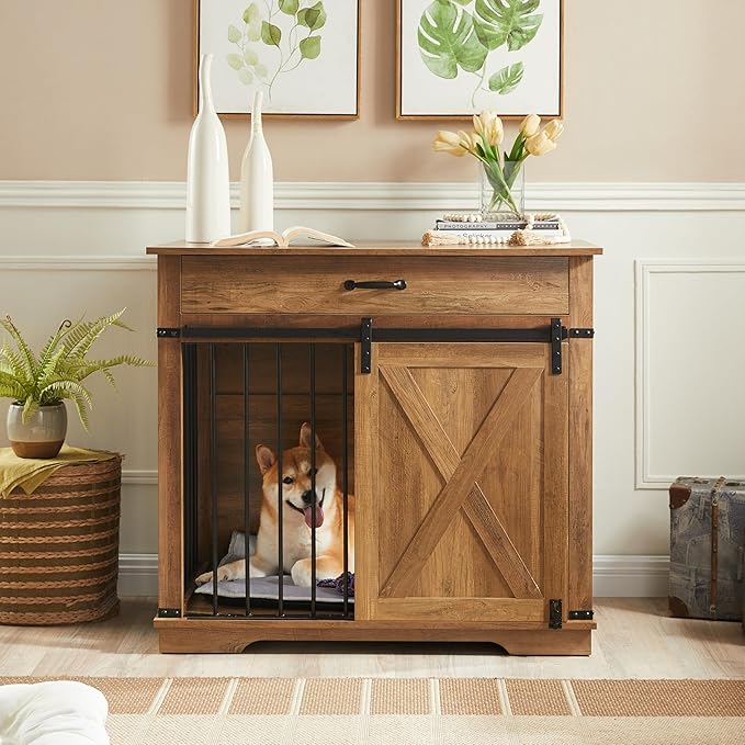 37.8" Furniture Style Dog Crates with Drawer, Farmhouse Wooden Dog Kennel Furniture with Sliding Barn Door & Water Resistant for Small/Medium/Large Dog, Rustic Oak