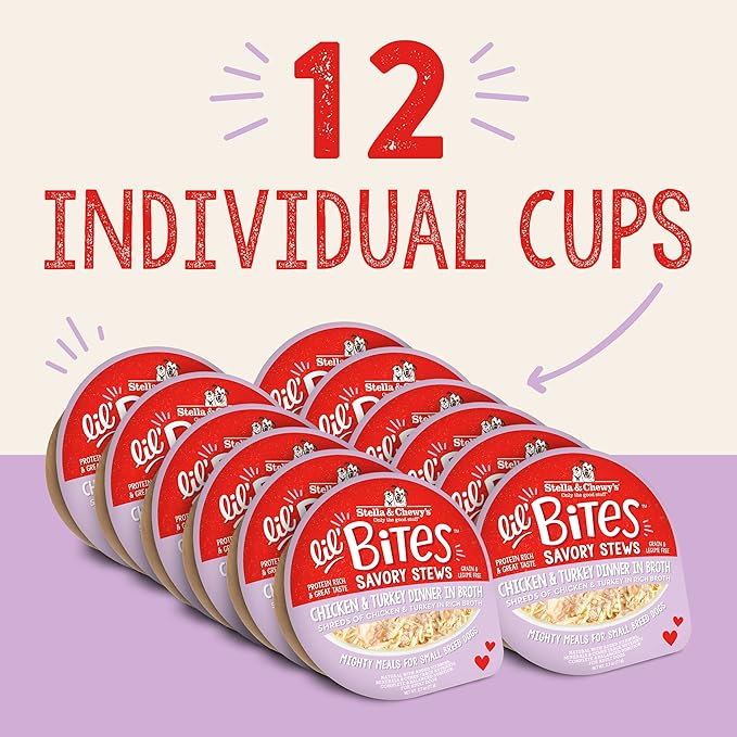 Stella & Chewy's Lil Bites Savory Stews for Small Breeds Chicken & Turkey Dinner in Broth,2.7 oz Cups,(Pack of 24)