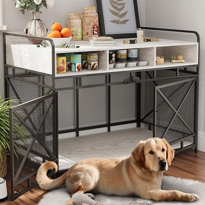 Fulhope Dog Crate Furniture, 48" Heavy Duty Wooden Dog Crate End Table, XL Dog Kennel Furniture Large Breed, Decorative Dog Kennel Indoor with 3 Drawers & Steel Tubes 48" L x28 W x36 H (White)