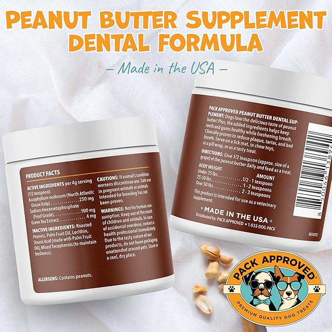 Pack Approved Dog Peanut Butter - with Ocean Kelp to Support Oral Care & Act as Dog Plaque and Tartar Remover - Lick Mat Treats for Bad Breath - Dental (8.46oz)