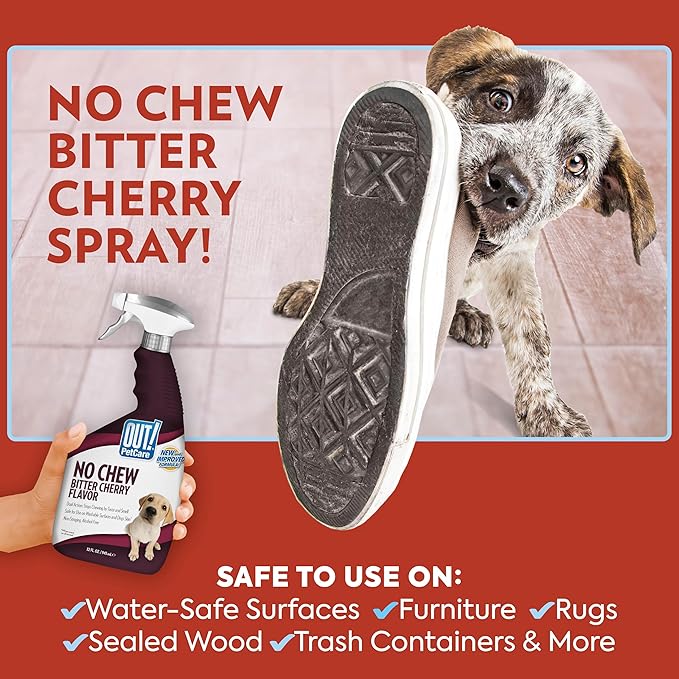 OUT! PetCare No Chew Bitter Cherry Flavor Deterrent, Puppy Training, No Chew Spray for Dogs, Dog Training To Discourage Licking and Chewing, Non-Staining, Behavior Correction, Puppy Essentials, 32 oz