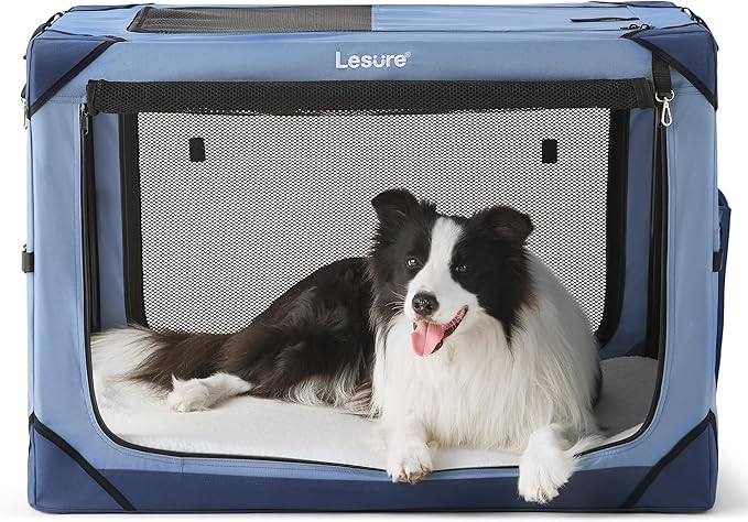 Lesure Collapsible Dog Crate - Portable Travel Kennel for Large Dog, 4-Door Pet Crate with Mesh Windows, Indoor & Outdoor, Blue