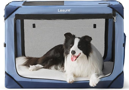 Lesure Collapsible Dog Crate - Portable Travel Kennel for Large Dog, 4-Door Pet Crate with Mesh Windows, Indoor & Outdoor, Blue
