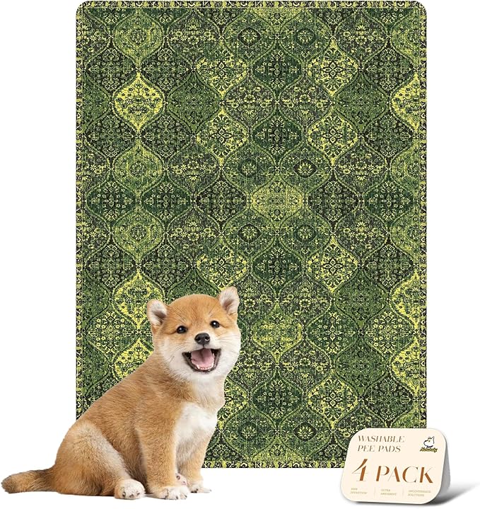 nunubaby 4PACK Washable Pee Pads for Dogs, Stylish, Non-Slip and Leak-Proof Pee Pads. Reusable Potty Pads for Dogs for Crates and Floors.(Green/Multi, 18" x24" )