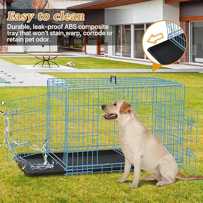 Dog Crate Dog Kennel Cage 42” Portable Foldable Indoor Outdoor Large Double Door Wire Metal Puppy Cat Pet Dog Cage with ABS Tray LC & Divider, Blue