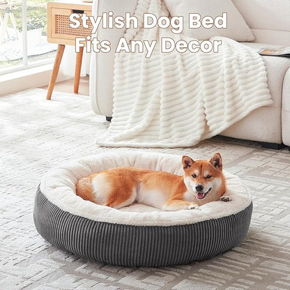 33 inches Donut Dog Bed for Medium Large Dogs,Calming Round Pet Bed with Removable & Washable Cover,Plush Faux Fur & Corduroy, Fits up to 50 lbs Pets(Dark Grey,M Plus)