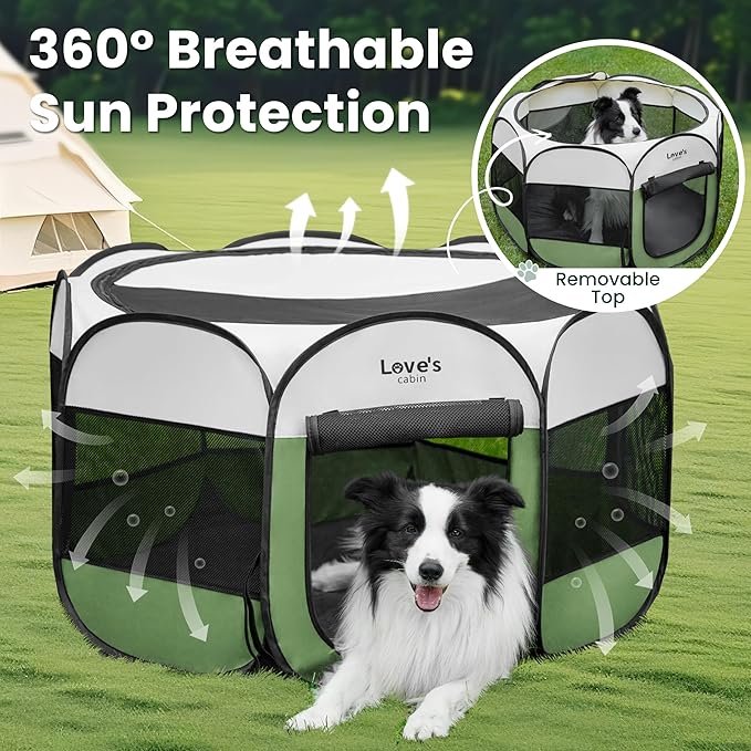 Love's cabin Pet Puppy Dog Playpen, Large Dog Tent Crates Cage Indoor/Outdoor, Portable Playpen for Cat, Foldable Pop Up Dog Kennel Playpen with Carring Case, Removable Zipper Top, Olive Green