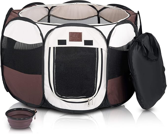 Parkland Pet Portable Foldable Playpen Exercise Kennel Dogs Cats Indoor/Outdoor Removable Mesh Shade Cover, Carrying Case & Collapsible Travel Bowl (Medium)