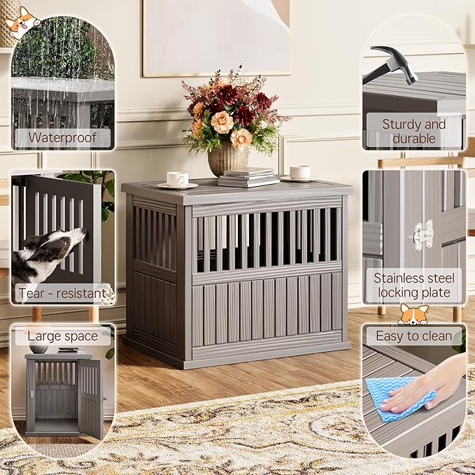 Fancyango 30-Inch Heavy Duty Dog Crate Furniture Lockable Indoor Outdoor Kennel & End Table for Small/Medium Dogs Decorative Plastic Pet Cage in Grey
