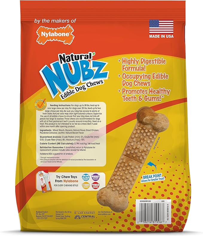 Nylabone Nubz Natural Dog Chew Treats for Large Dogs, Long Lasting Dog Bones Made in USA, Chicken Flavor Breath Freshener Dental Chews, For Dogs Over 30 lbs. (18 Count)