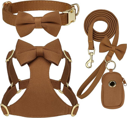 Beirui Adorable Small Dog Harness Collar and Leash Set,Cute XXS Puppy Harness Set with 3 Bows for Tiny Dogs,Chihuahua,Adjustable Step-in Vest for Daily Walking,Parties&Holiday Outfits(Brown,XXS)