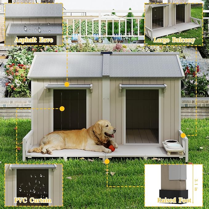PetsCosset 59.4" L Large Dog House Outdoor & Indoor,Fir Wood Dog Kennel with Weatherproof Openable Asphalt Roof,Spacious Doghouse with Anti-Chewing Metal Edges for Small & Medium & Large Dogs,Grey