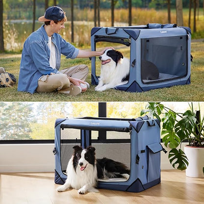 Lesure Collapsible Dog Crate - Portable Travel Kennel for Large Dog, 4-Door Pet Crate with Mesh Windows, Indoor & Outdoor, Blue