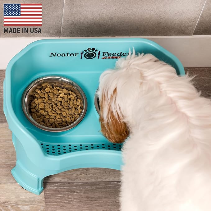 Neater Feeder Deluxe Mess-Proof Elevated Dog Bowls for Medium Dogs (19–40 lbs), 2 Height Adjustable (10” & 12.5”) No-Spill Raised Dog Bowl Stand, Stainless Steel Food Bowl Set, Made in USA, Aquamarine