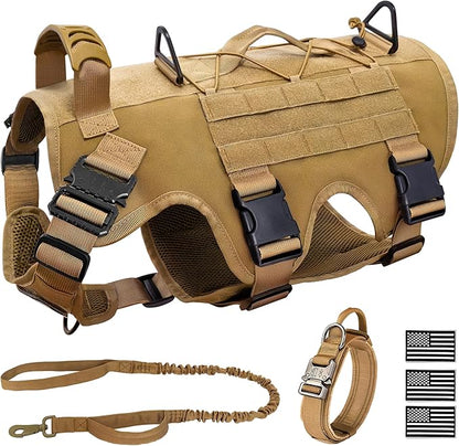 Tactical Dog Harness for Large Dog, Dog Collar and Bungee Leash Set No-Pull Military Dog Harness - Walking Training Gear for Large Dogs, Adjustable for Medium,Chest 21.5"-45", Khaki