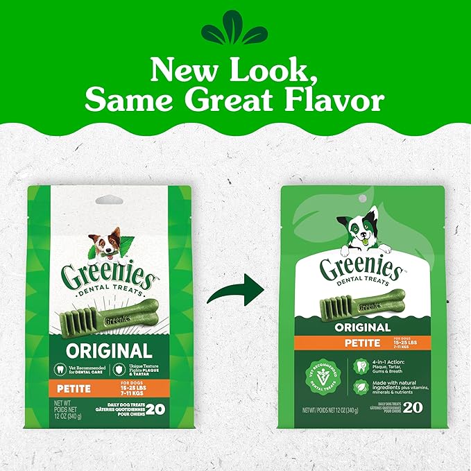 Greenies Veterinarian-Recommended Adult Natural Dental Dog Treats Petite Size, Dog Dental Chews, Original Flavor, 12 oz. Pack, 20 Count