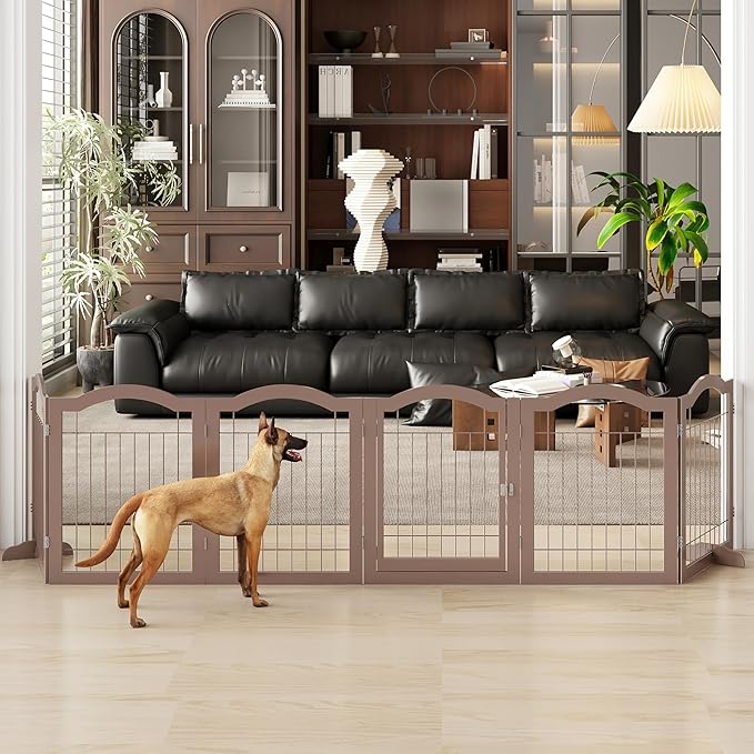 Vantas Folding No-Assembly Dog Door Pet Gate 144" Wide, 30" Tall Wooden Dog Gate with Door Walk Through, Freestanding Wire Pet Gate, Pet Puppy Safety Fence, with 2PCS Support – Espresso