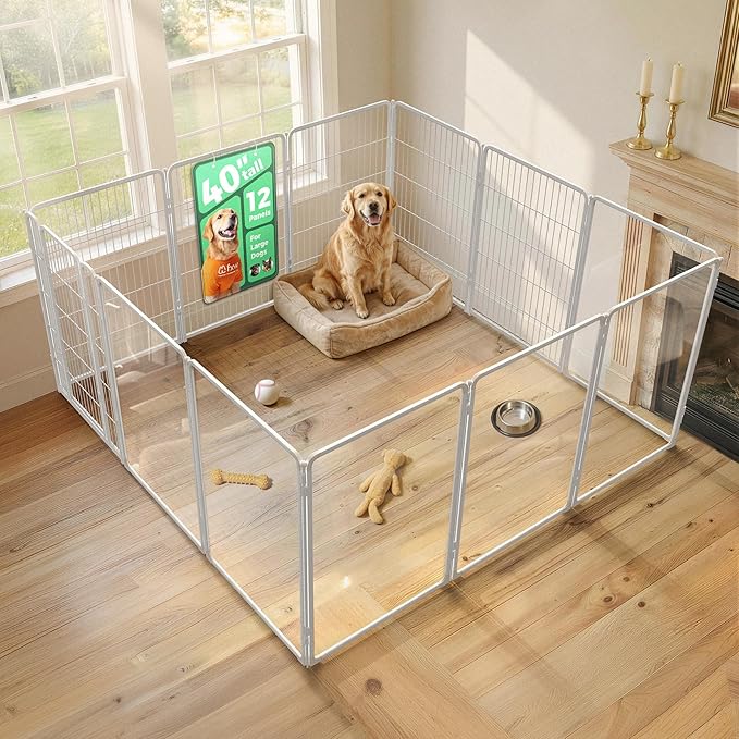 FXW AuraSpace Pro Acrylic & Wire Mesh Indoor Dog Playpen, 40" Height 12 Panels Metal Dog Pen for Medium and Large Dogs, White│Patented
