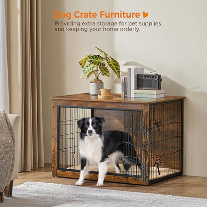 Yaheetech 38'' Dog Crate Furniture with Cushion Wooden Dog Crate with Double Doors/Adjustable Feet Side End Table for Medium/Large Dogs, 37.80" L x 25.59" W x 26.57" H