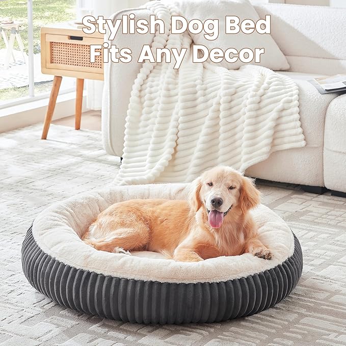 36 inches Donut Dog Bed for Large Dogs - Calming Round Pet Bed with Removable Cover,Washable Milk Plush Faux Fur, Fits Pets up to 80 lbs(Charcoal,Large)