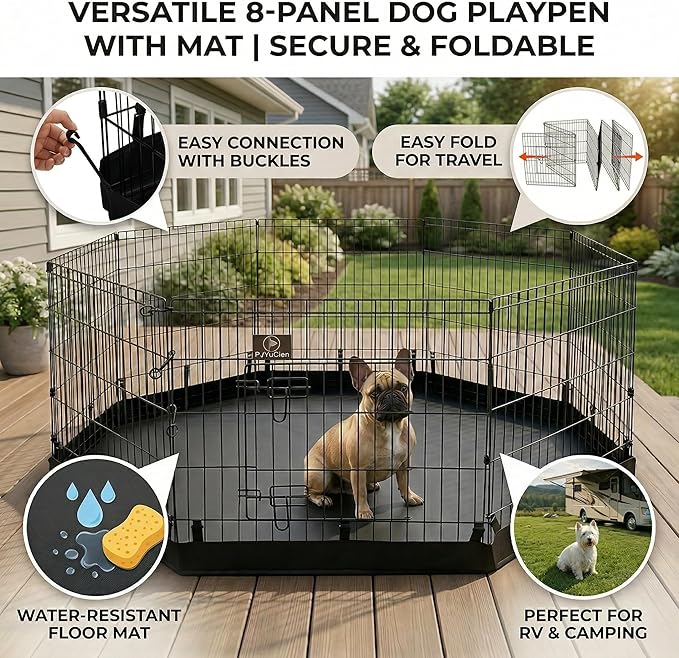 PJYuCien Dog Playpen with Bottom Pad - Metal Foldable Exercise Pen, 8 Panels 30" H x 24" W Indoor Outdoor Pet Fence Puppy Crate Kennel, Black