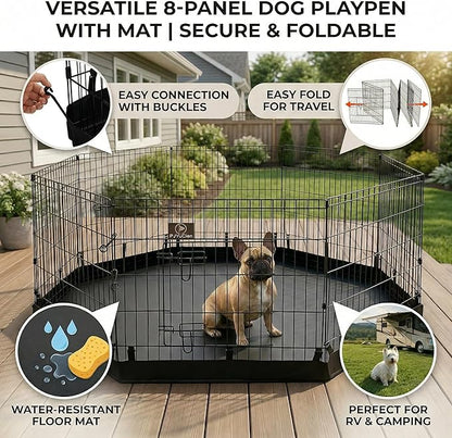 PJYuCien Dog Playpen with Bottom Pad - Metal Foldable Exercise Pen, 8 Panels 30" H x 24" W Indoor Outdoor Pet Fence Puppy Crate Kennel, Black