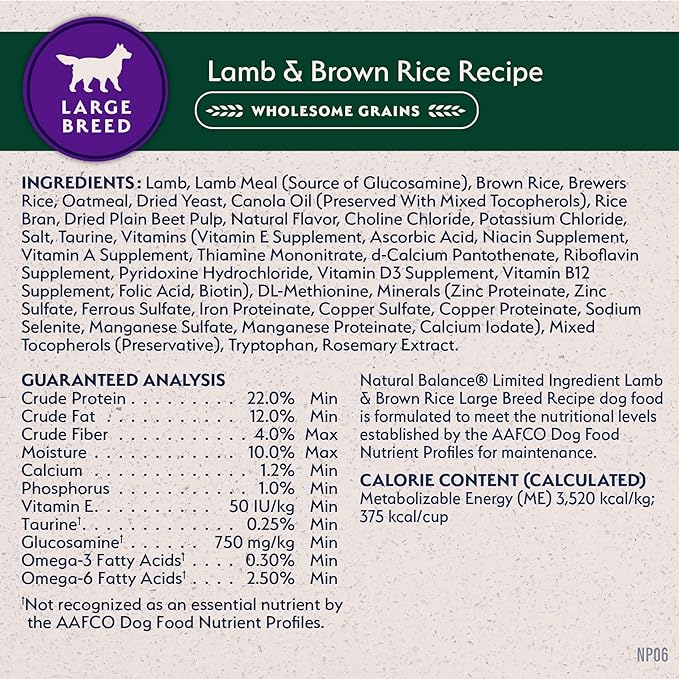 Natural Balance Limited Ingredient Large Breed Adult Dry Dog Food with Healthy Grains, Lamb & Brown Rice Recipe, 12 Pound (Pack of 1)