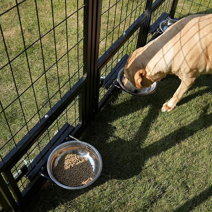 Large Outdoor Dog Kennel with Roof, 7.9×7.9×6.6FT Heavy-Duty Dog Cage with 3 Swivel Feeding Bowls, Double Doors, Anti-Rust Metal Dog Run for All-Weather Protection
