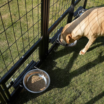 Large Outdoor Dog Kennel with Roof, 7.9×7.9×6.6FT Heavy-Duty Dog Cage with 3 Swivel Feeding Bowls, Double Doors, Anti-Rust Metal Dog Run for All-Weather Protection