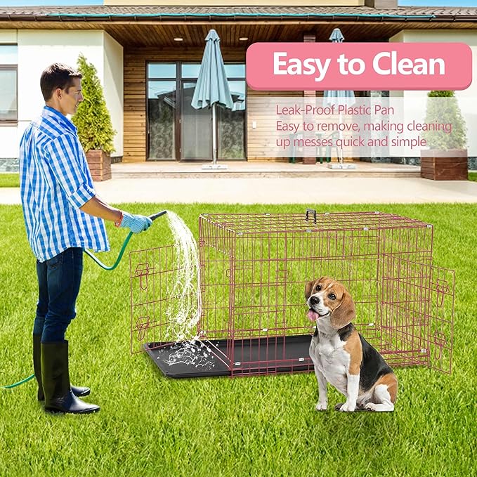 Dog Crate, 24/30/36/42/48 Inch Dog Crates for Small Medium Large Dogs Indoor, Folding Metal Dog Kennel Dog Cage with Double-Door, Divider Panel, Removable Tray, Locks and Handle, (30 Inch, Pink)