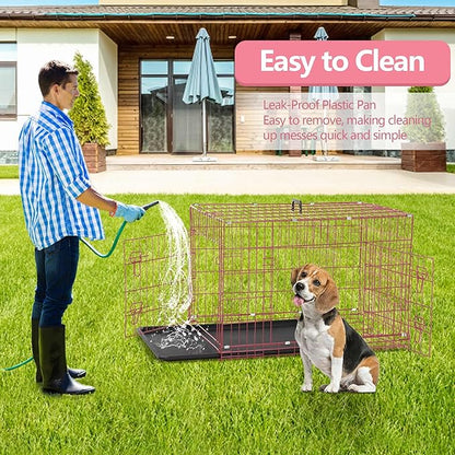 Dog Crate, 24/30/36/42/48 Inch Dog Crates for Small Medium Large Dogs Indoor, Folding Metal Dog Kennel Dog Cage with Double-Door, Divider Panel, Removable Tray, Locks and Handle, (30 Inch, Pink)