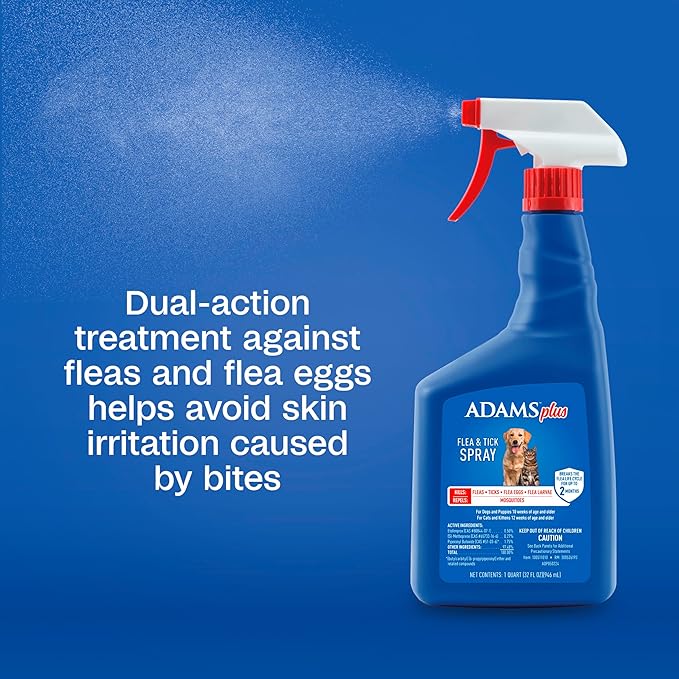 ADAMS Plus Flea & Tick Dog and Cat Spray, Kills Fleas & Ticks, Repels Mosquitoes, Prevents Flea Infestations for up to 2 Months, Flea Treatment for Dogs, Cats, Puppies, & Kittens, 32 Fl oz