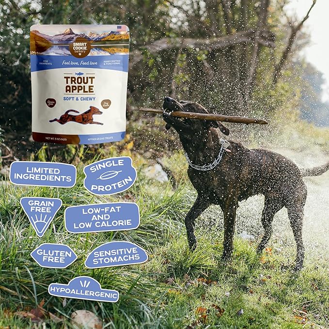 Smart Cookie All Natural Soft Dog Treats - Trout & Apple - Healthy Dog Treats for Allergies, Sensitive Stomachs - Chewy, Grain Free, Human-Grade, Made in The USA - 5oz Bag