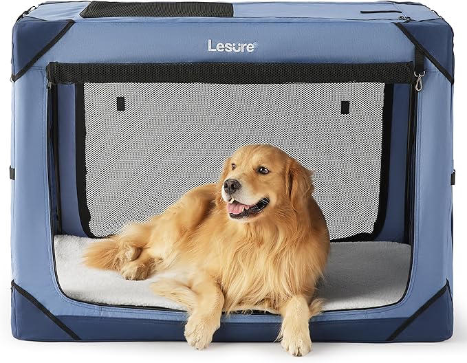 Lesure Collapsible Dog Crate - Portable Travel Kennel for Extra Large Dog, 4-Door Pet Crate with Mesh Windows, Indoor & Outdoor, Blue