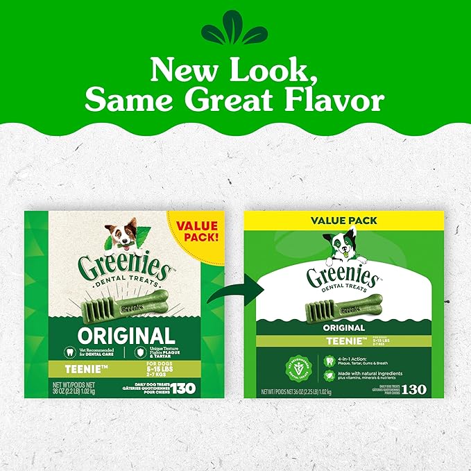 Greenies Veterinarian-Recommended Adult Natural Dental Dog Treats Teenie Size, Dog Dental Chews, Original Flavor, 36 oz. Pack, 130 Count