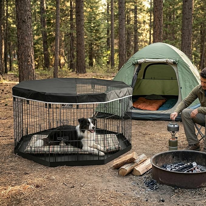 PJYuCien Dog Playpen with Top Cover and Bottom Pad - Metal Foldable Exercise Pen, 8 Panels 36" H x 24" W Indoor Outdoor Pet Fence Puppy Crate Kennel, Black