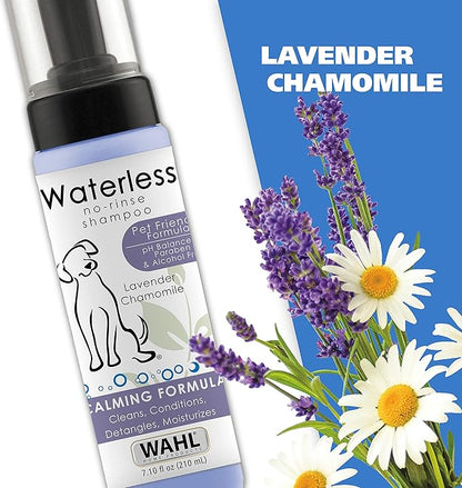 Wahl USA Pet Friendly Waterless No Rinse Shampoo for Animals – Lavender & Chamomile Scented - Cleaning, Conditioning, Detangling, & Moisturizing Shampoo for Dogs – 7.1 Oz - Model 820014A