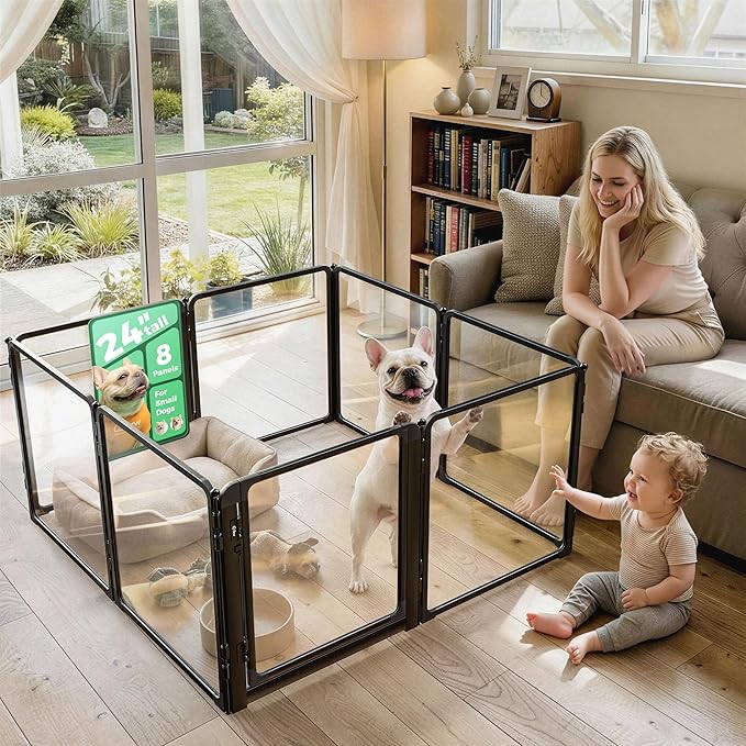 FXW AuraSpace Pro Acrylic Indoor Dog Playpen, Heavy-Duty with Metal Frame, 24" Height 8 Panels for Puppies & Small Dogs, Black│Patented