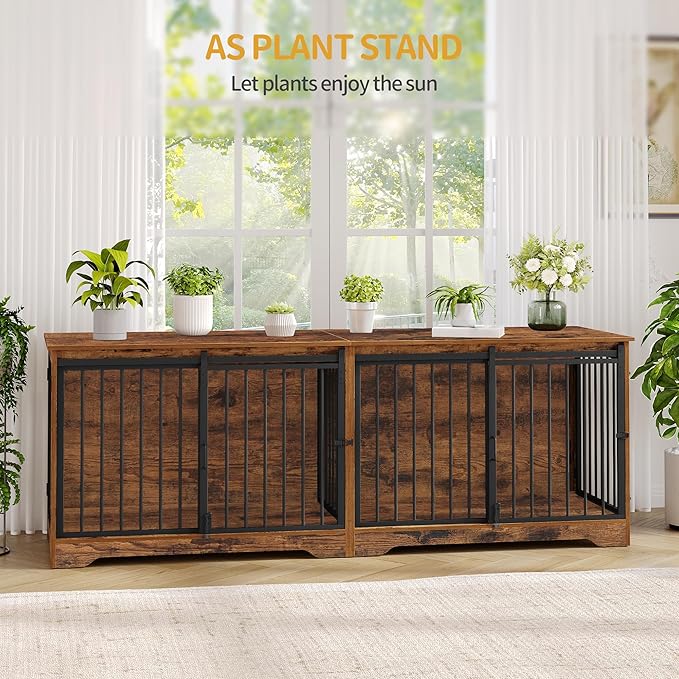 Hzuaneri 78" Dog Crate Furniture for 2 Dogs, Double Dog Cage with Divider, Wooden Heavy Duty Dogs Kennel, Pet Cage with Barn Door, TV Stand for Large Small Medium Dogs, Rustic Brown DFC83701BV1