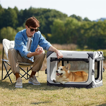 Lesure Collapsible Dog Crate - Portable Travel Kennel for Small Dog, 4-Door Pet Crate with Mesh Windows, Indoor & Outdoor, Light Gray