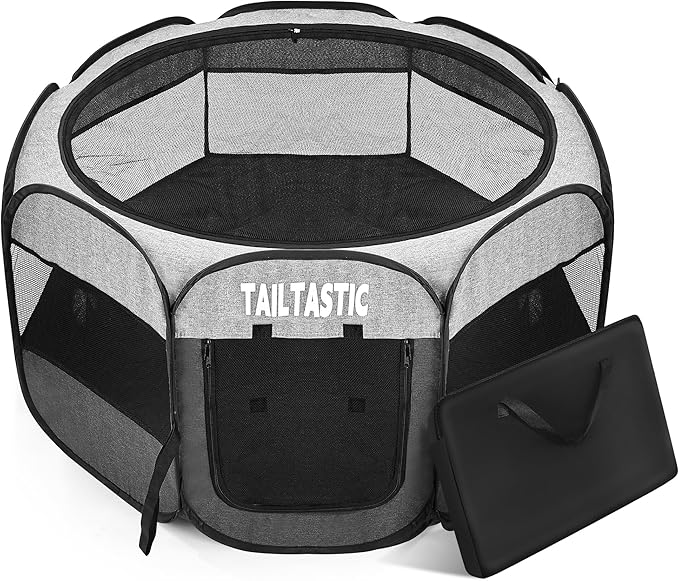 Portable Pet Playpen for Medium Dogs & Cats, Foldable Puppy Safety Pen with Removable Zipper Top, Breathable Mesh Dog Delivery Room, Indoor Isolation Cage for Pets (Light Grey, Medium)