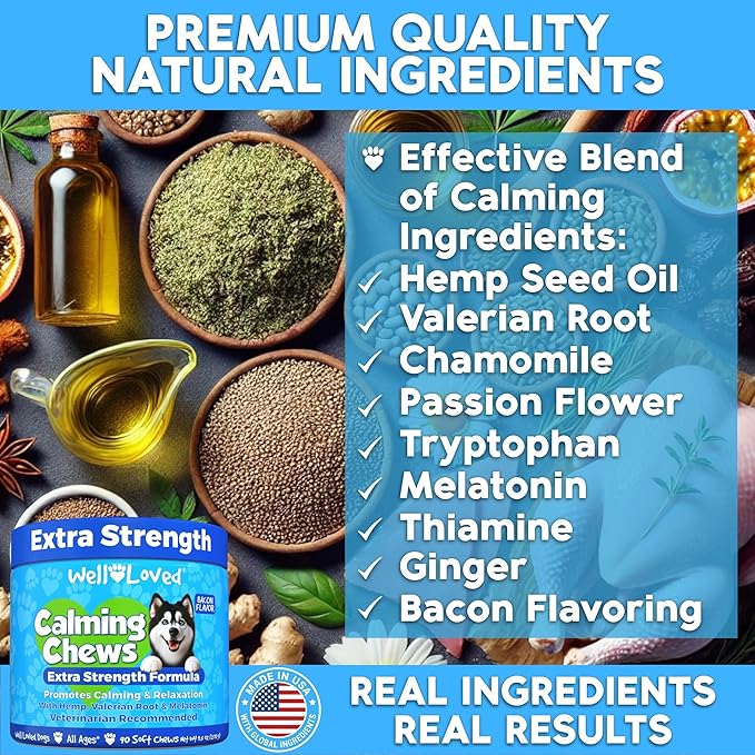 Well Loved Calming Chews for Dogs - Dog Calm Treats, Made in USA, Vet Recommended, Behavior Support with Melatonin & Hemp, Stress, Separation, Fireworks, Travel, Extra Strength