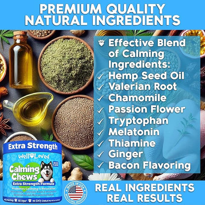 Well Loved Calming Chews for Dogs - Dog Calm Treats, Made in USA, Vet Recommended, Behavior Support with Melatonin & Hemp, Stress, Separation, Fireworks, Travel, Extra Strength
