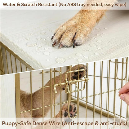 Luxury Dog Crate Furniture with Double Doors, White Wood Pet Crate End Table with Gold Metal Bars, Heavy Duty Indoor Dog Kennel for Small Medium Dogs, Furniture Style Dog Cage