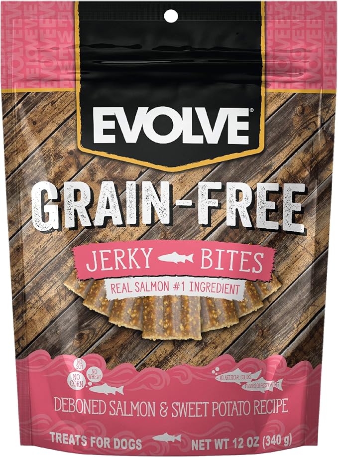 Evolve Grain Free Deboned Salmon and Sweet Potato Jerky Bites Dog Treats, 25oz