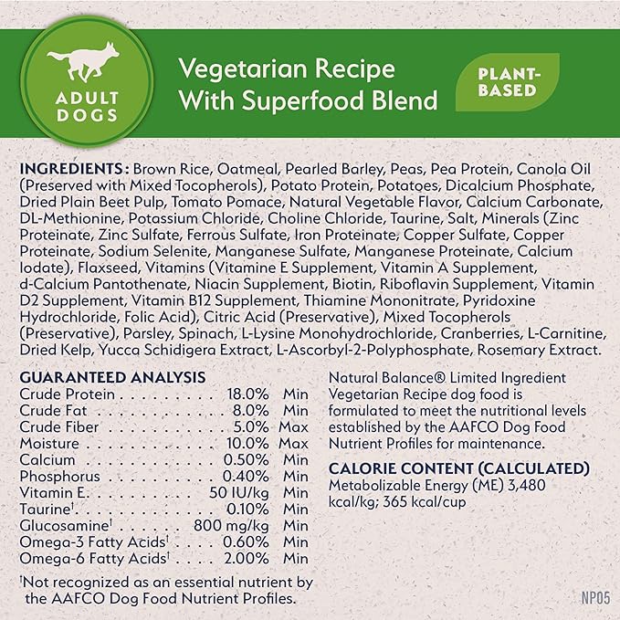 Natural Balance Limited Ingredient Adult Dry Dog Food with Vegan Plant Based Protein and Healthy Grains, Vegetarian Recipe, 12 Pound (Pack of 1)