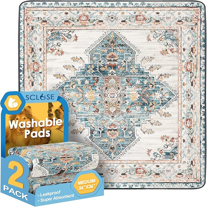 SCLOSE Washable Pee Pad for Dogs 2 Pack, 36" x 36" Reusable Puppy Pads Waterproof Dog Rugs, Super Absorbent, Leakproof, Dog Crate Pad, Playpen Mat, Whelping Pads, Blue Medallion