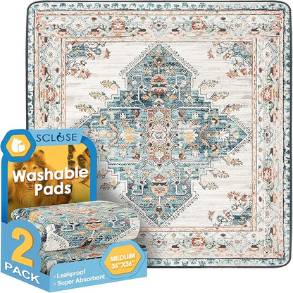 SCLOSE Washable Pee Pad for Dogs 2 Pack, 36" x 36" Reusable Puppy Pads Waterproof Dog Rugs, Super Absorbent, Leakproof, Dog Crate Pad, Playpen Mat, Whelping Pads, Blue Medallion
