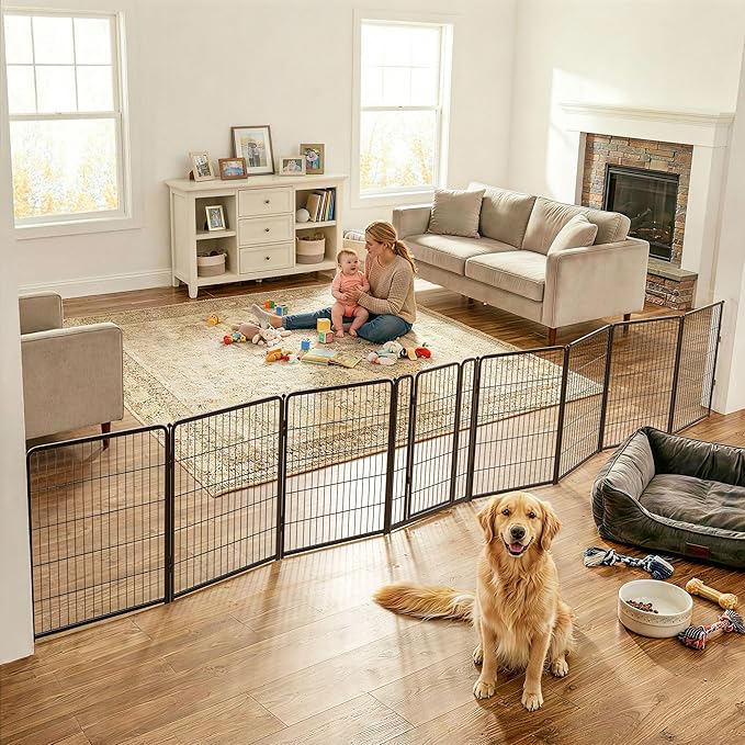 FXW Dog Gate Extra Wide Designed for Indoor Use, Adjustable Width Up to 219-inch Wide (40" H 8 Wire Panels for Medium and Large Dogs), Black
